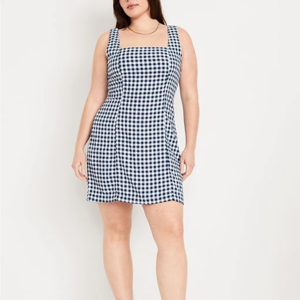 Square-Neck Linen-Blend Mini Dress | Navy and White Gingham | Old Navy